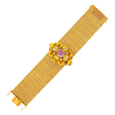 Lot 1146 - Wide Woven Gold Mesh Bracelet with Antique Gold and Gem-Set Brooch