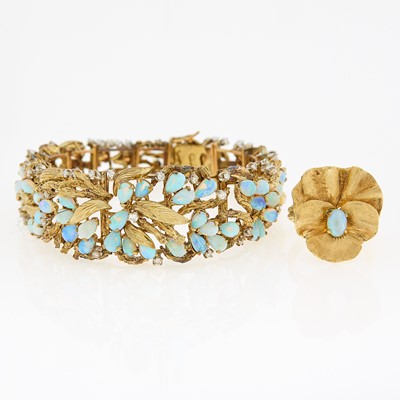 Lot 1132 - Gold, Opal and Diamond Bracelet and Flower Ring