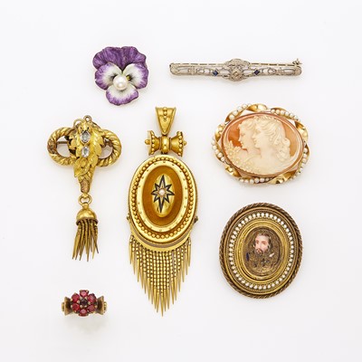 Lot 1160 - Group of Antique and Period Gold, Silver, Enamel, Shell Cameo and Gem-Set Brooches and Pendant
