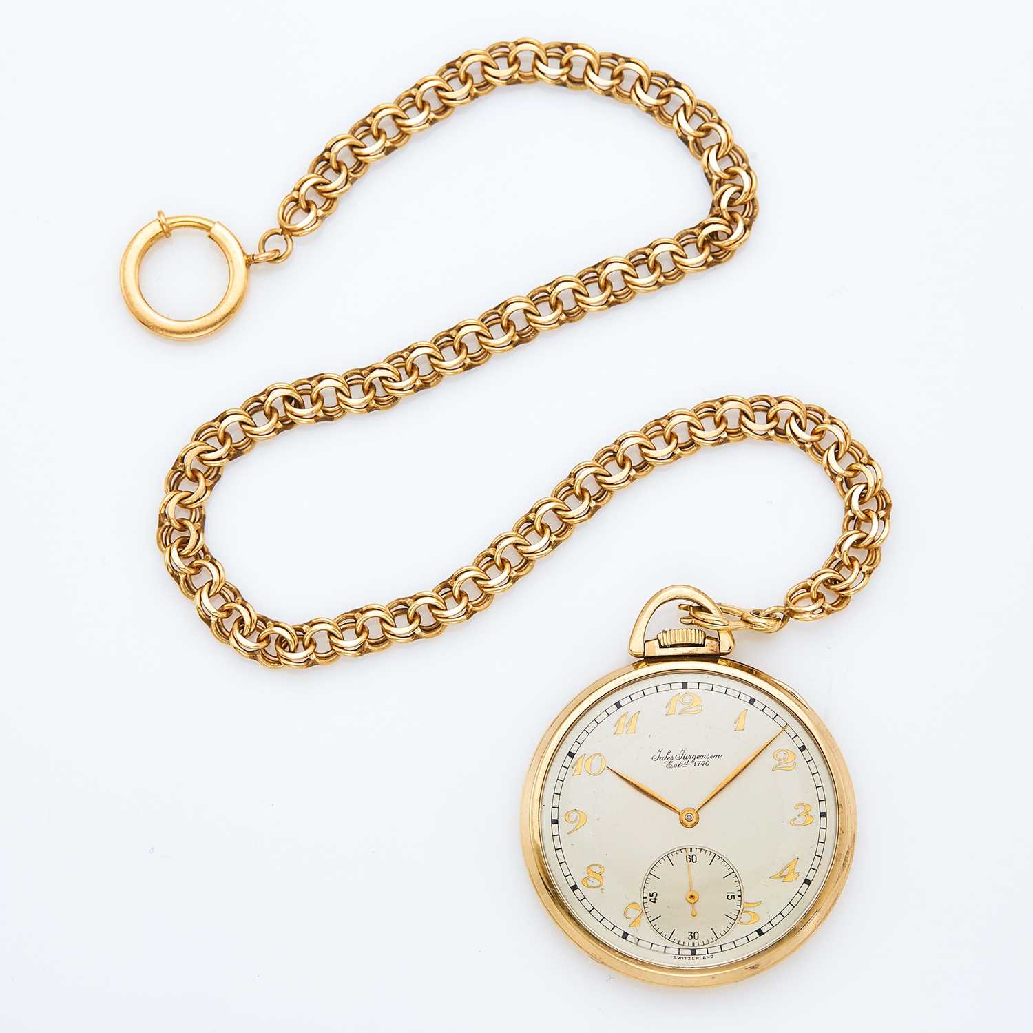 Lot 1164 - Jules Jurgensen Low Karat Gold-Filled Open Face Pocket Watch with Gold Fob Chain