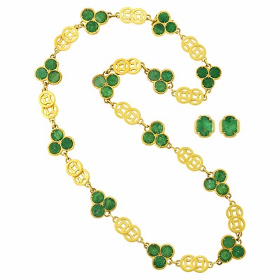 Lot 1018 - Trio Long  Gold and Carved Jade Necklace and Pair of Earrings