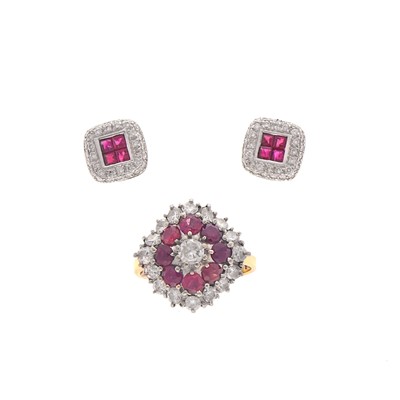 Lot 2169 - Two-Color Gold, Diamond and Ruby Ring and Pair of White Gold and Ruby Stud Earrings