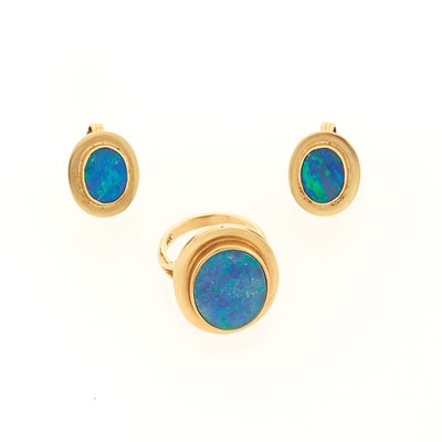 Lot 1059 - Gold and Opal Doublet Ring and Pair of Earclips