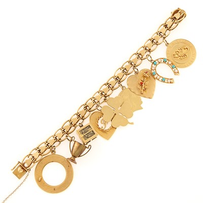 Lot 1194 - Gold, Cultured Pearl and Turquoise Charm Bracelet