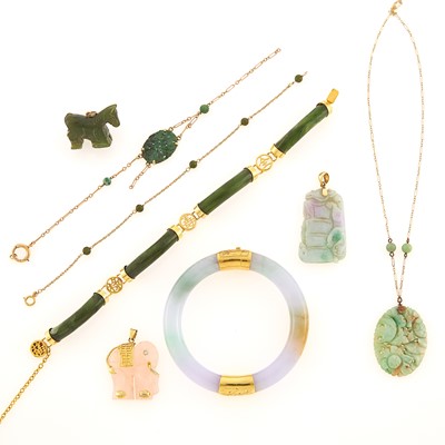 Lot 1203 - Group of Gold, Gilt-Metal and Multicolored Jade and Nephrite Jewelry