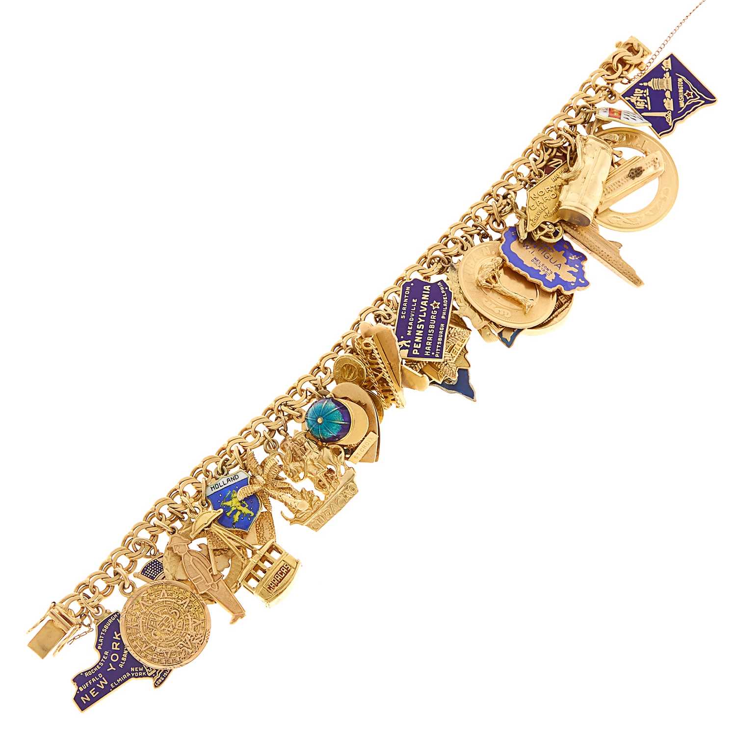 Lot 1274 - Gold and Enamel Travel Charm Bracelet