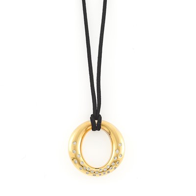 Lot 1174 - Tiffany & Co., Elsa Peretti Gold and Diamond 'Sevillana' Pendant with Black Cord Necklace