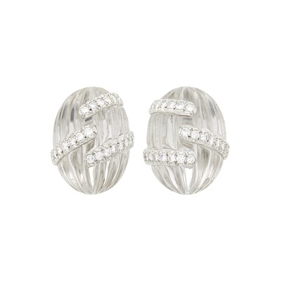 Lot 77 - David Webb Pair of White Gold, Platinum, Carved Rock Crystal and Diamond Bombé Earclips