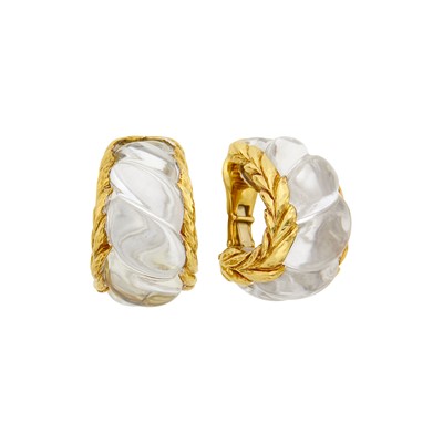 Lot 157 - David Webb Pair of Gold and Fluted Rock Crystal Bombé Earclips