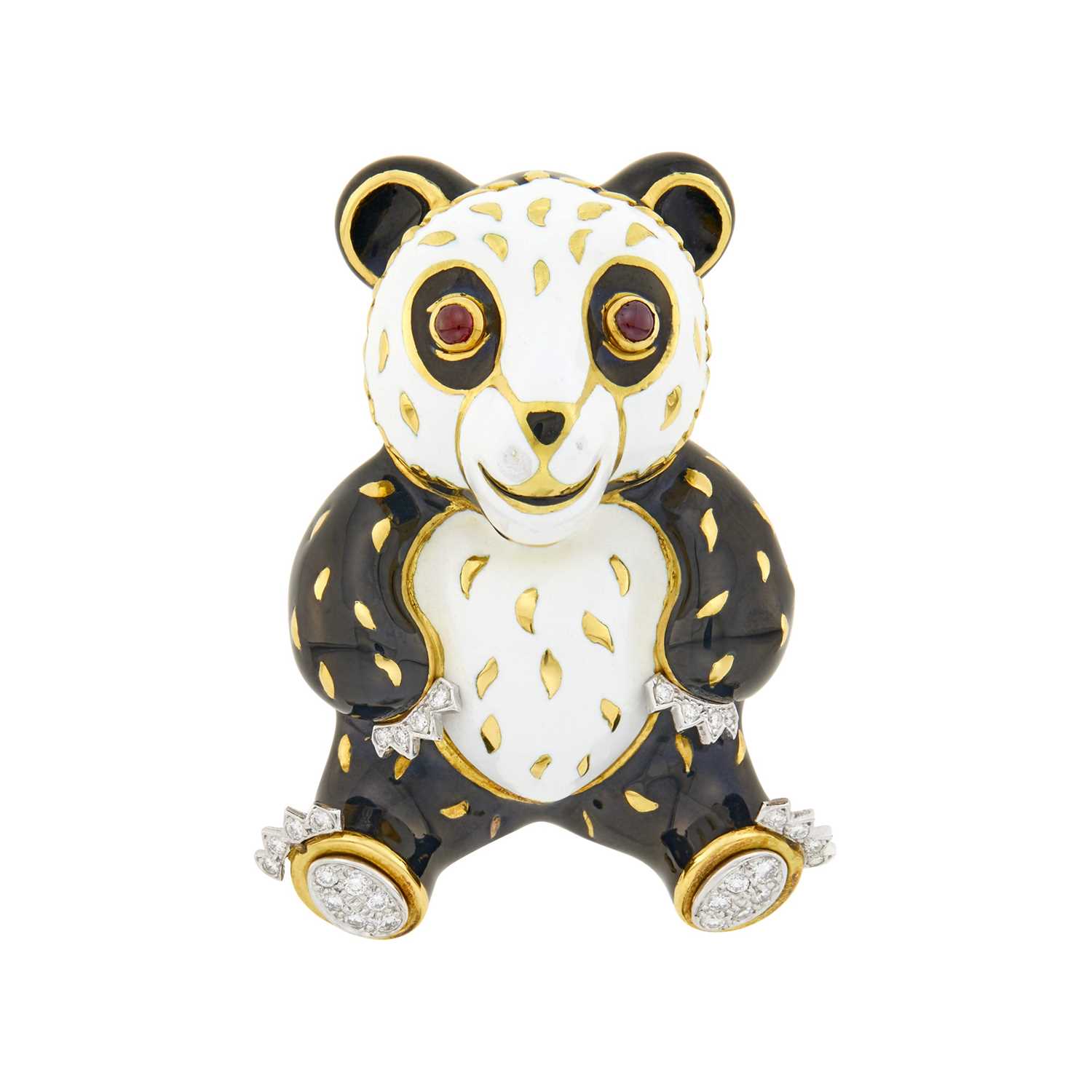 Lot 82 - David Webb Gold, Platinum, Black and White Enamel, Diamond and Cabochon Ruby Panda Bear Clip-Brooch