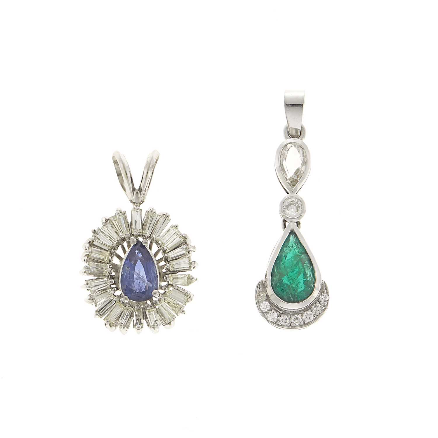 Lot 2067 - Two White Gold, Sapphire and Emerald Pendants