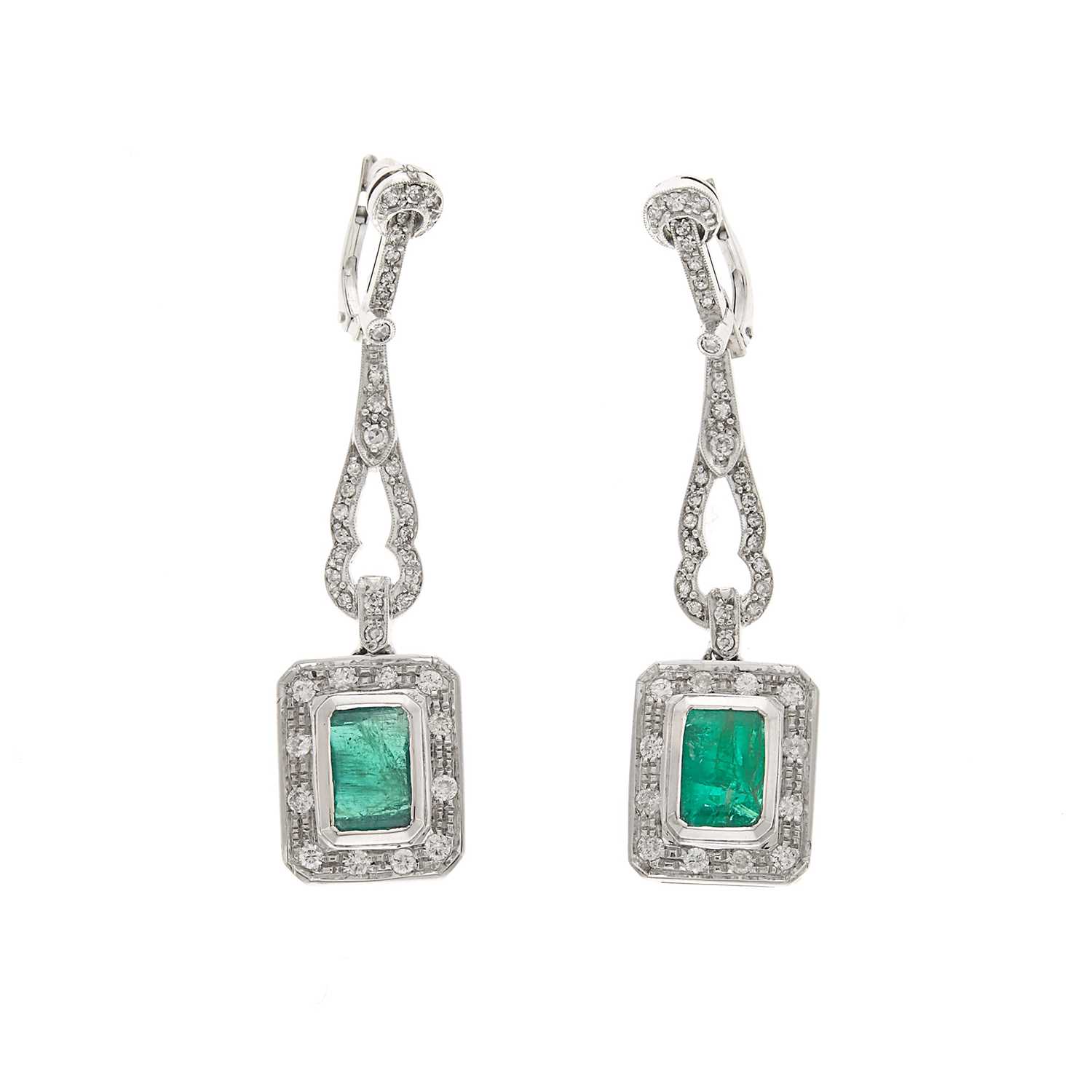 Lot 2065 - Pair of White Gold, Emerald and Diamond Pendant-Earrings