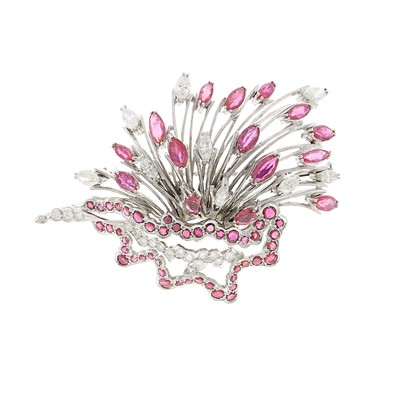 Lot 2086 - White Gold, Ruby and Diamond Brooch