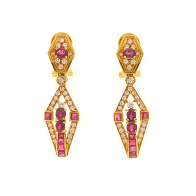 Lot 2104 - Pair of Gold, Ruby and Diamond Pendant-Earrings