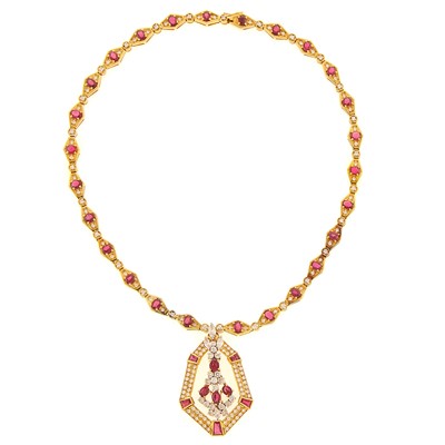 Lot 2102 - Gold, Ruby and Diamond Pendant-Necklace
