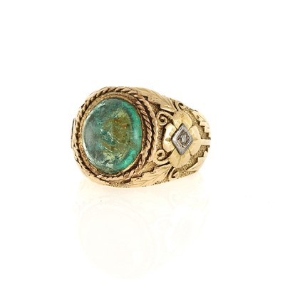 Lot 2101 - Gold, Silver, Cabochon Emerald and Diamond Ring