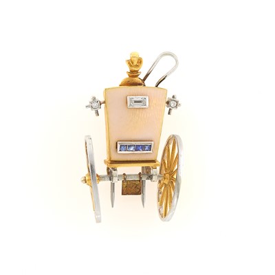 Lot 1184 - Two-Color Gold, Enamel, Sapphire and Diamond Carriage Clip