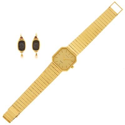 Lot 2161 - Gold Wristwatch and Pair of Black Onyx and Cultured Pearl Intaglio Earrings