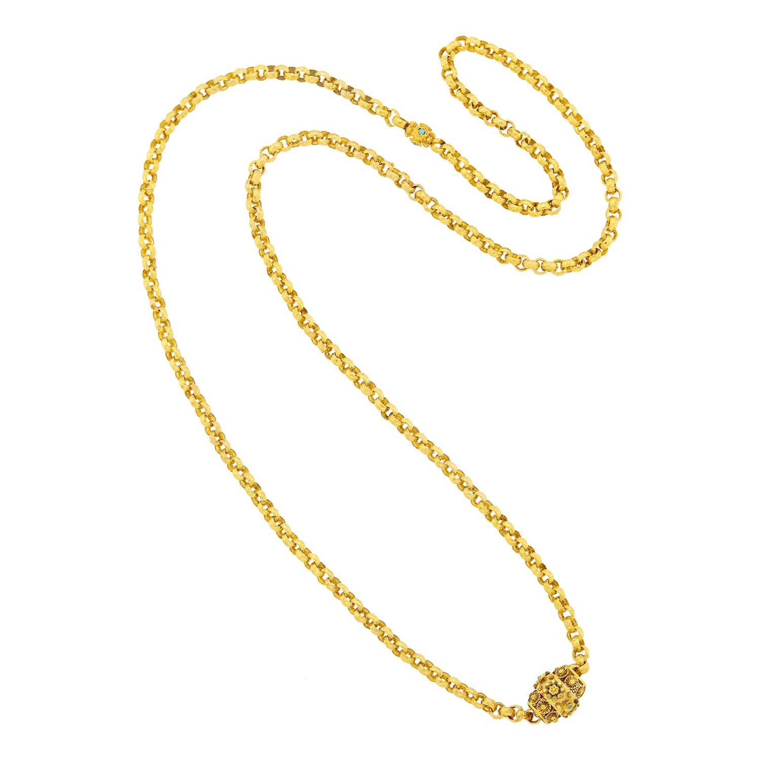 Lot 33 - Long Antique Gold and Turquoise Muff Chain