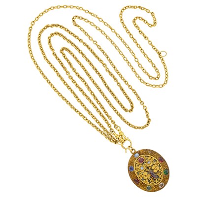 Lot 26 - Antique Gold and Gem-Set Locket with Antique Long Gold Watch Chain