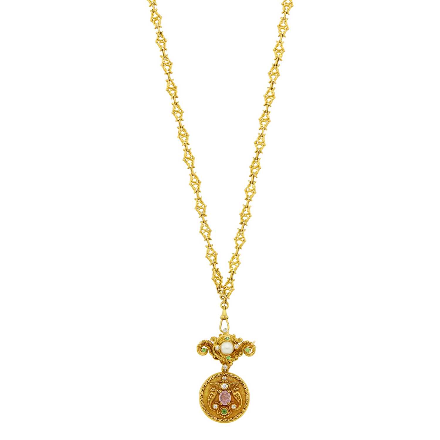Lot 29 - Antique Gold, Gem-Set and Diamond Locket Pendant-Necklace