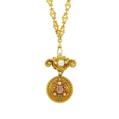 Lot 29 - Antique Gold, Gem-Set and Diamond Locket Pendant-Necklace