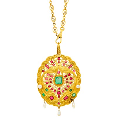 Lot 20 - Indian Gold, Emerald, Ruby and Pearl Pendant with Antique Gold Watch Chain