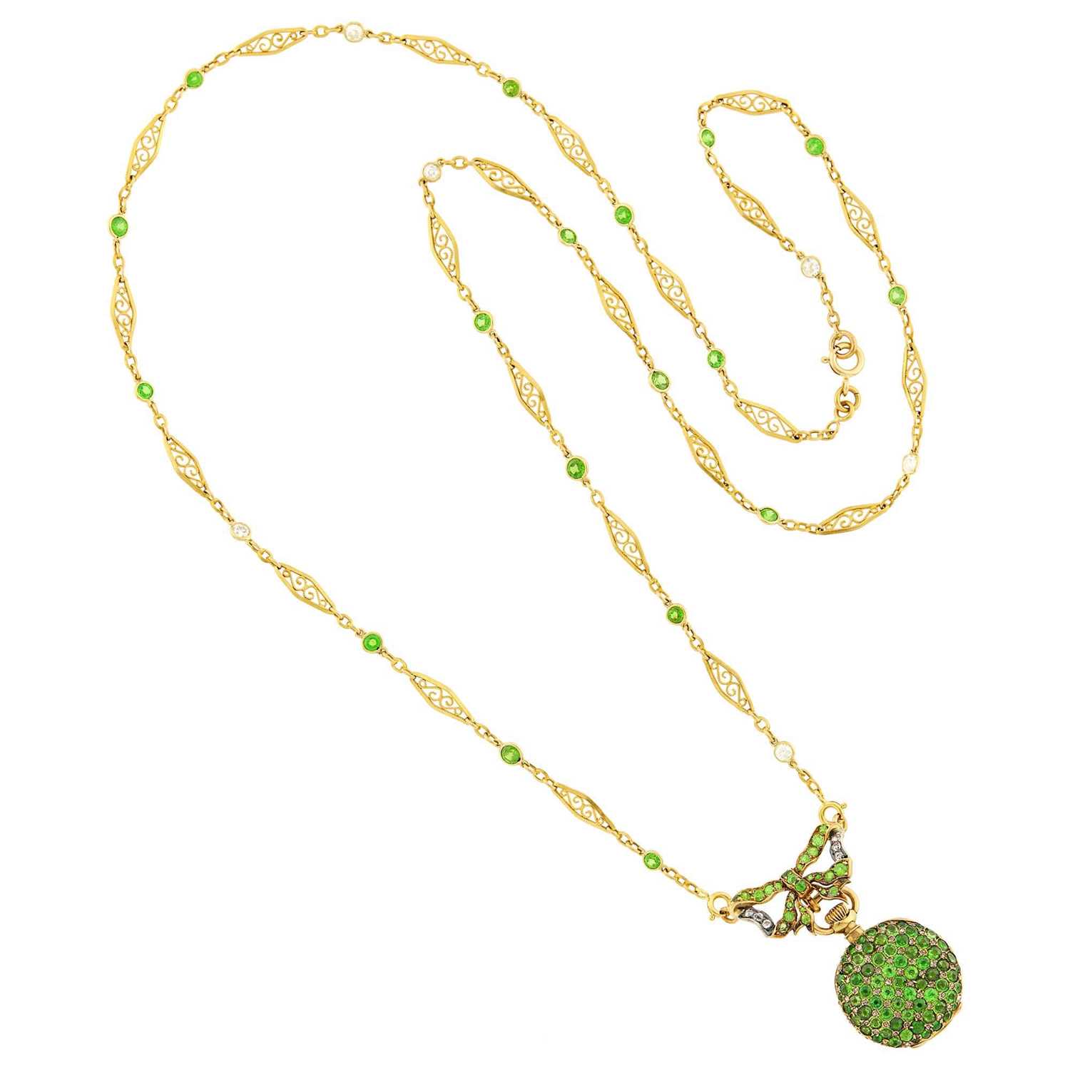 Lot 30 - Tiffany & Co. Antique Gold and Demantoid Garnet Pendant-Watch with Chain Necklace