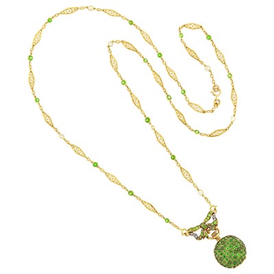 Lot 30 - Tiffany & Co. Antique Gold and Demantoid Garnet Pendant-Watch with Chain Necklace