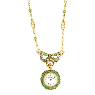 Lot 30 - Tiffany & Co. Antique Gold and Demantoid Garnet Pendant-Watch with Chain Necklace