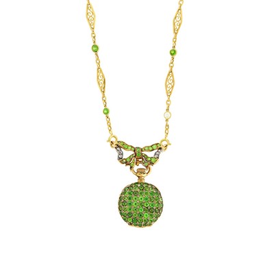 Lot 30 - Tiffany & Co. Antique Gold and Demantoid Garnet Pendant-Watch with Chain Necklace