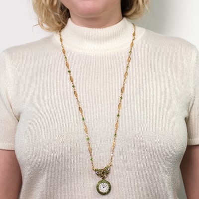 Lot 30 - Tiffany & Co. Antique Gold and Demantoid Garnet Pendant-Watch with Chain Necklace