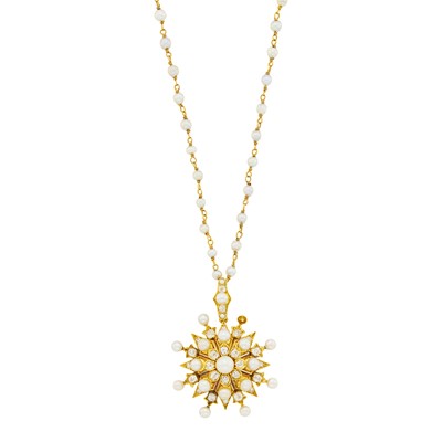 Lot 1093 - Antique Gold, Pearl and Diamond Starburst Pendant with Long Gold and Pearl Chain Necklace
