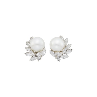 Lot 1060 - Pair of Platinum, South Sea Cultured Pearl and Diamond Earclips