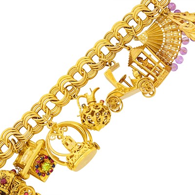 Lot 107 - Gold, Gem-Set and Hardstone Charm Bracelet