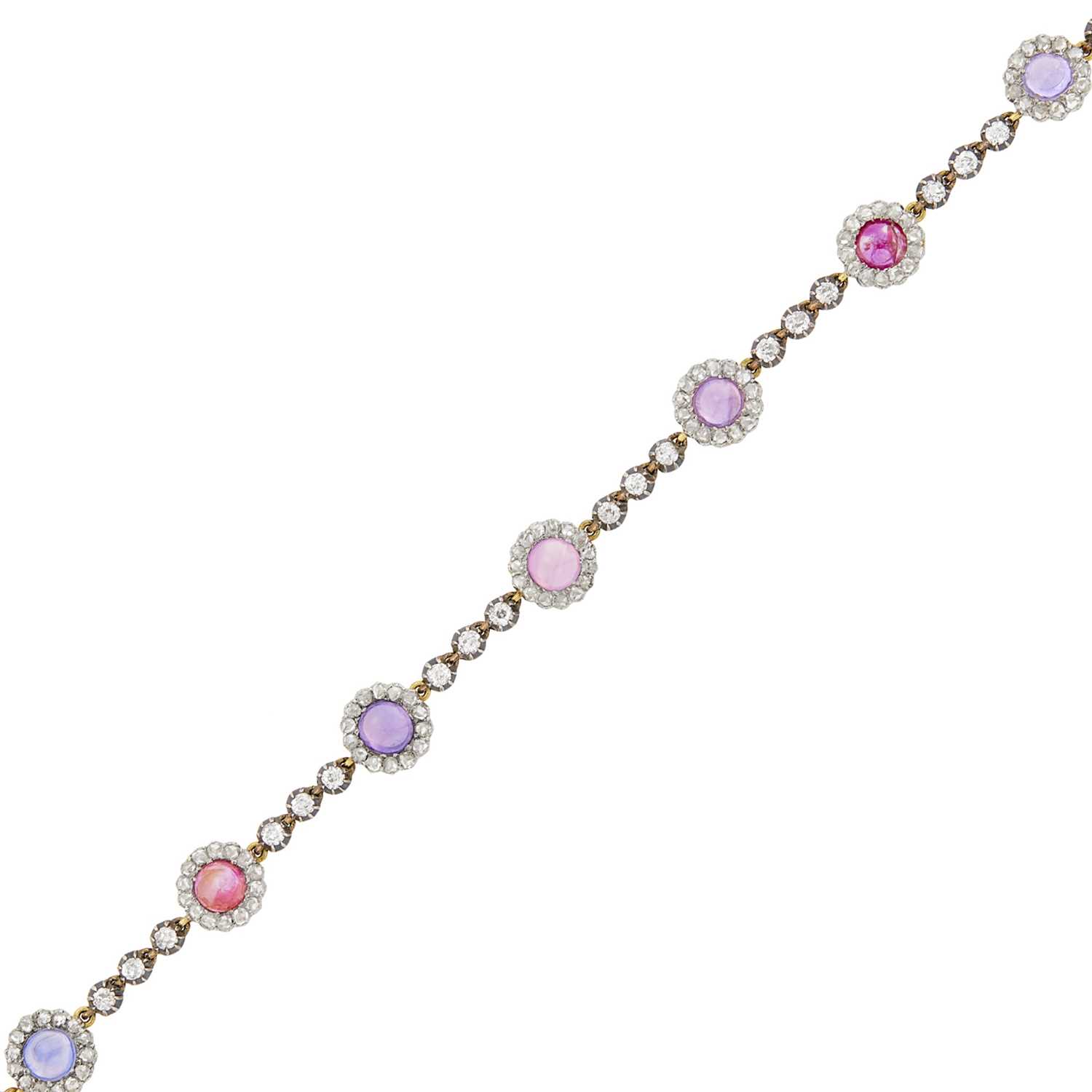 Lot 94 - Antique Silver, Gold, Pink and Purple Cabochon Sapphire and Diamond Bracelet