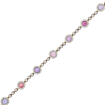 Lot 94 - Antique Silver, Gold, Pink and Purple Cabochon Sapphire and Diamond Bracelet