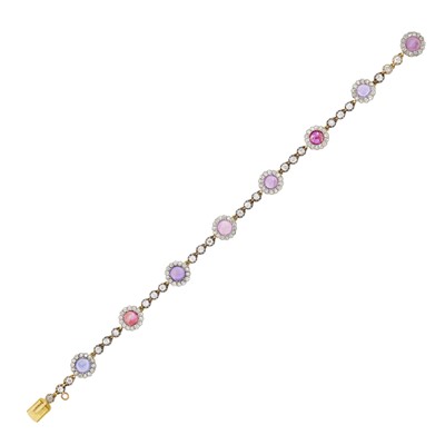 Lot 94 - Antique Silver, Gold, Pink and Purple Cabochon Sapphire and Diamond Bracelet
