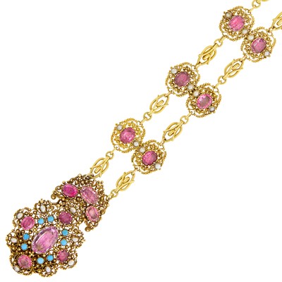 Lot 1099 - Antique Double Strand Gold, Foil-Backed Pink Topaz, Split Pearl and Turquoise Bracelet