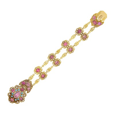 Lot 1099 - Antique Double Strand Gold, Foil-Backed Pink Topaz, Split Pearl and Turquoise Bracelet