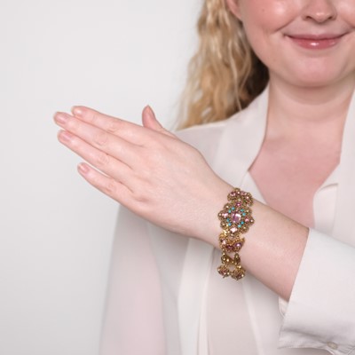 Lot 1099 - Antique Double Strand Gold, Foil-Backed Pink Topaz, Split Pearl and Turquoise Bracelet