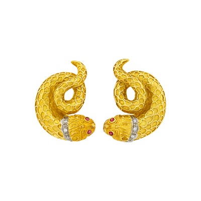 Lot 151 - Ilias Lalaounis Pair of Two-Color Gold, Diamond and Ruby Chimera Earclips