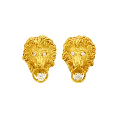 Lot 17 - E. Pearl Pair of Gold and Diamond Lion Head Earclips