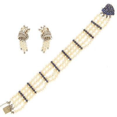 Lot 2070 - White Gold, Sapphire and Cultured Pearl Bracelet with Pair of White Gold, Diamond and Pearl Earclips
