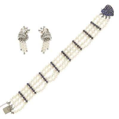 Lot 2070 - White Gold, Sapphire and Cultured Pearl Bracelet with Pair of White Gold, Diamond and Pearl Earclips