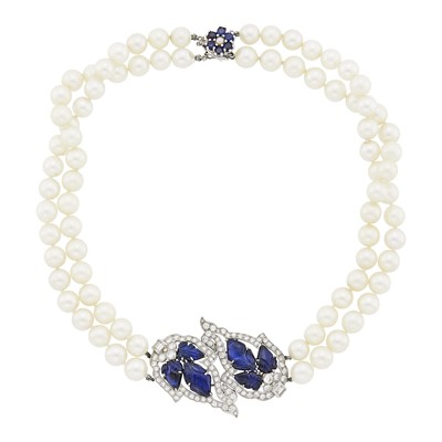 Lot 47 - Double Strand Cultured Pearl, Platinum, White Gold, Carved Sapphire and Diamond Necklace