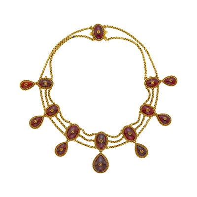 Lot 1075 - Antique Gold, Carbuncle Garnet and Diamond Swag Necklace