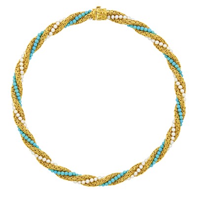 Lot 1188 - Gold, Turquoise Bead and Cultured Pearl Twisted Necklace