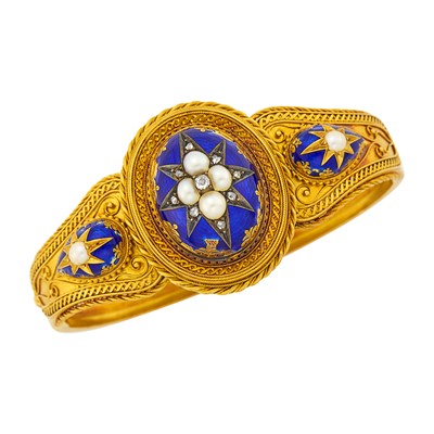 Lot 1074 - Antique Gold, Silver, Blue Enamel, Split Pearl and Diamond Bangle Bracelet