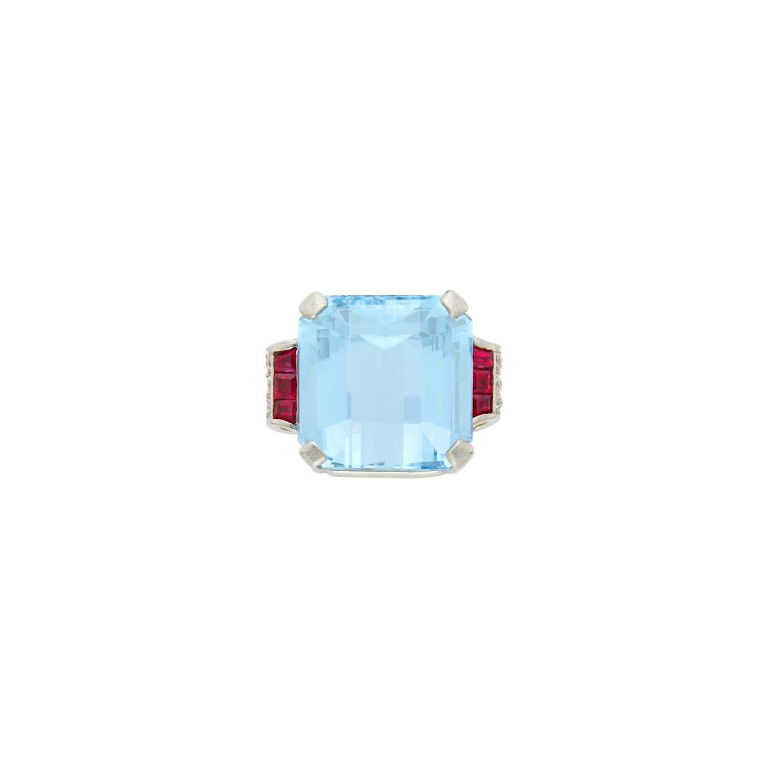 Lot 1037 - Platinum, Gold, Aquamarine, Ruby and Diamond Ring